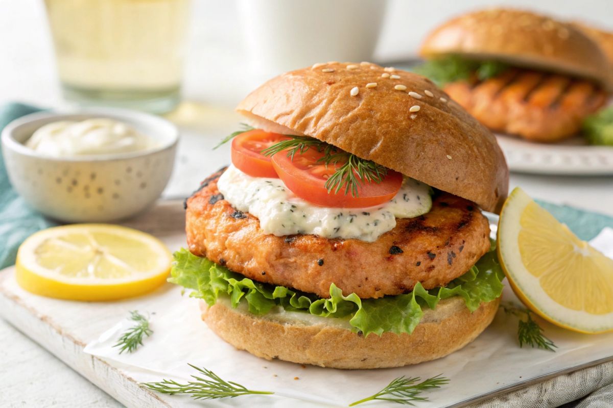 Lachs-Burger mit Dill-Mayonnaise aus der Heißluftuschi